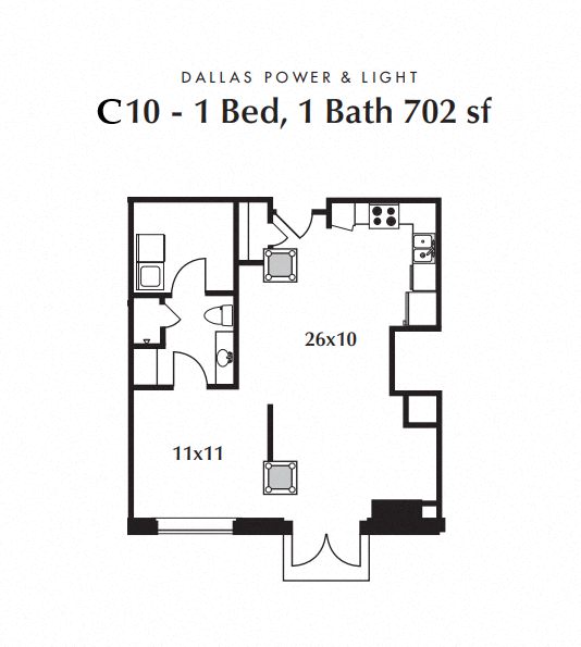 Floor plan for 1 bed, 1 bath, 702 sqft
